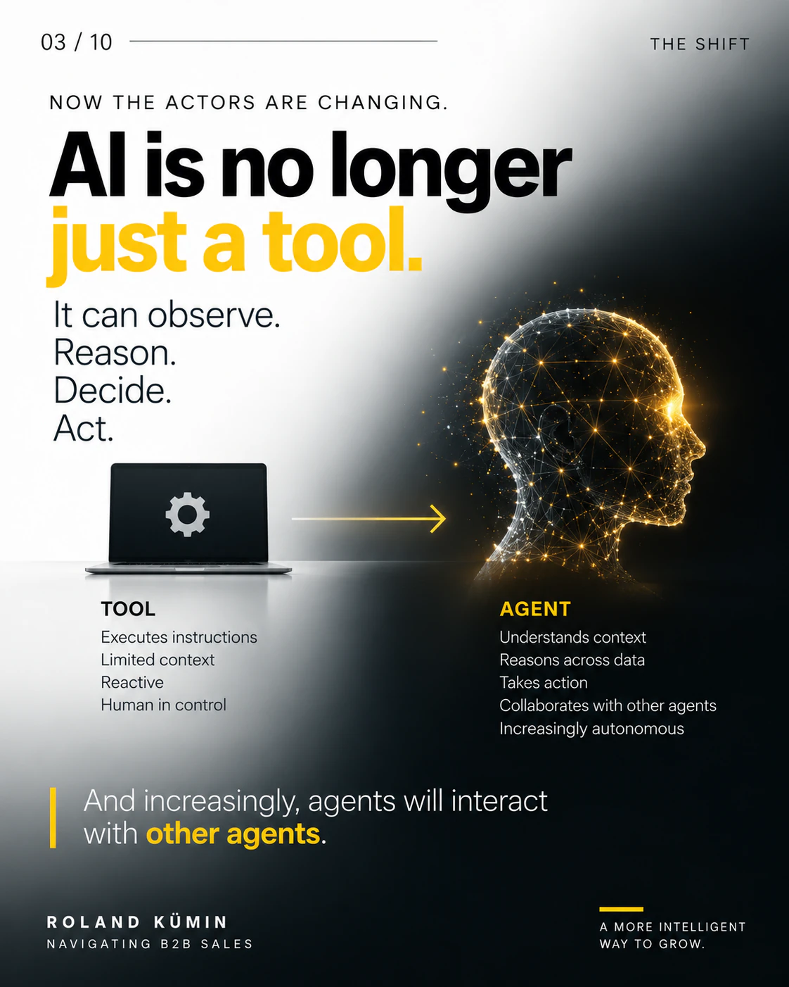 AI is no longer just a tool. It can observe, reason, decide and act. A tool executes instructions with limited context; an agent understands context, reasons across data, takes action, collaborates with other agents and is increasingly autonomous.